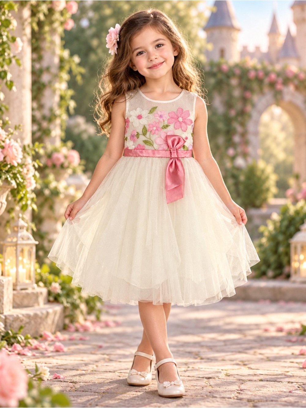 Jona Michelle Girls 4T Ivory Pink Floral Tulle Dress